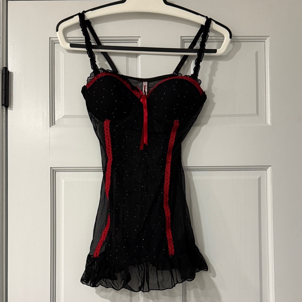 Native Intimates Babydoll Teddy 36B Medium Black Red Lace Sheer Rhinestones